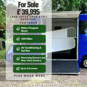 Blue Peugeot Boxer horsebox for sale with John Oates Horseboxes
